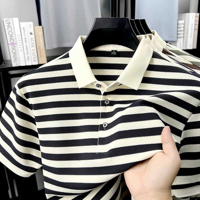 2026 New Arrival Mens Short Sleeved Shirt with Contrasting Stripes Trendy Summer T Shirt with Turn-Down Collar H260507