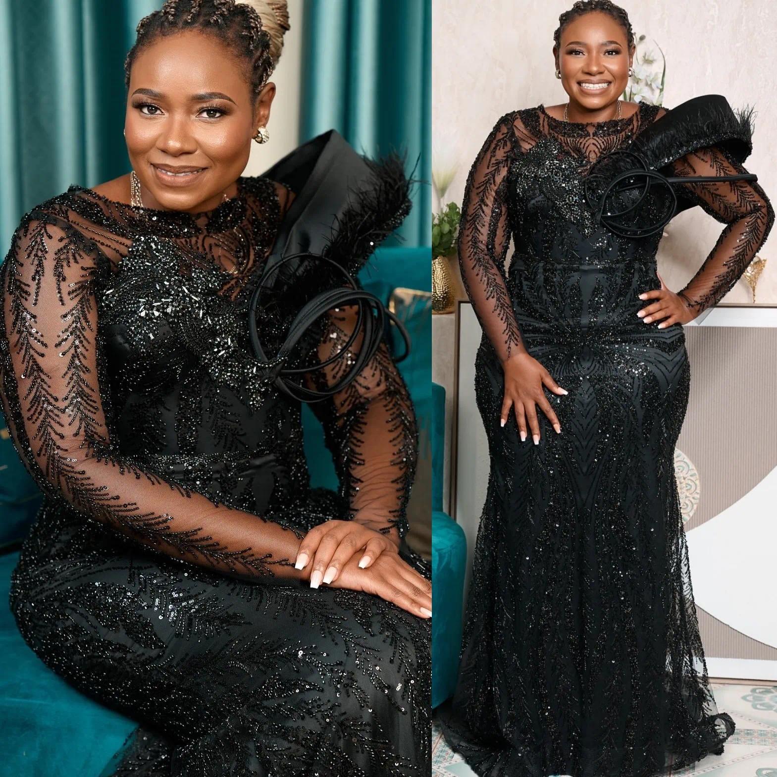 2026 Plus Size Mermaid Black Mother Of Bride Dresses Sheer Neck Sequined Full Sleeves Evening Party Mama's Dress Vintage Birthday Wedding Guest