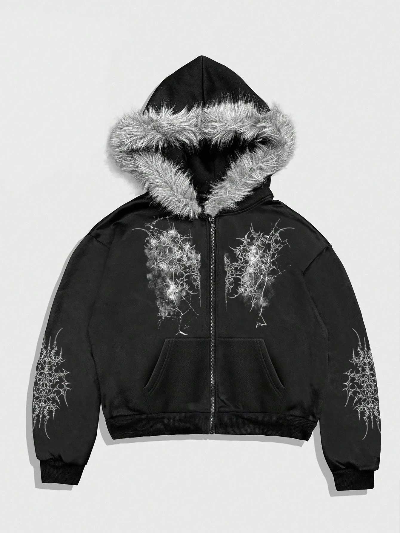 2026 New Arrival Women Y2K Cyber Goth Dark Grey Oversized Zip Up Hoodie with Grey Fur Trim Hood White Thorn Print L260507