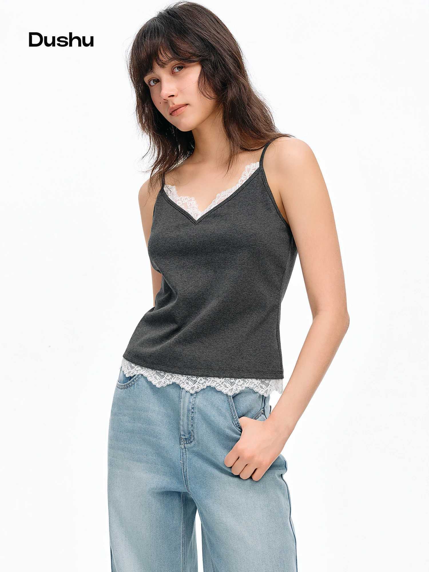 DUSHU 2026 Summer Womens Lace Trim V-Neck Sleeveless Top - Flattering Slim Fit Elegant Camisole for Daily and Summer LayeringT2600507
