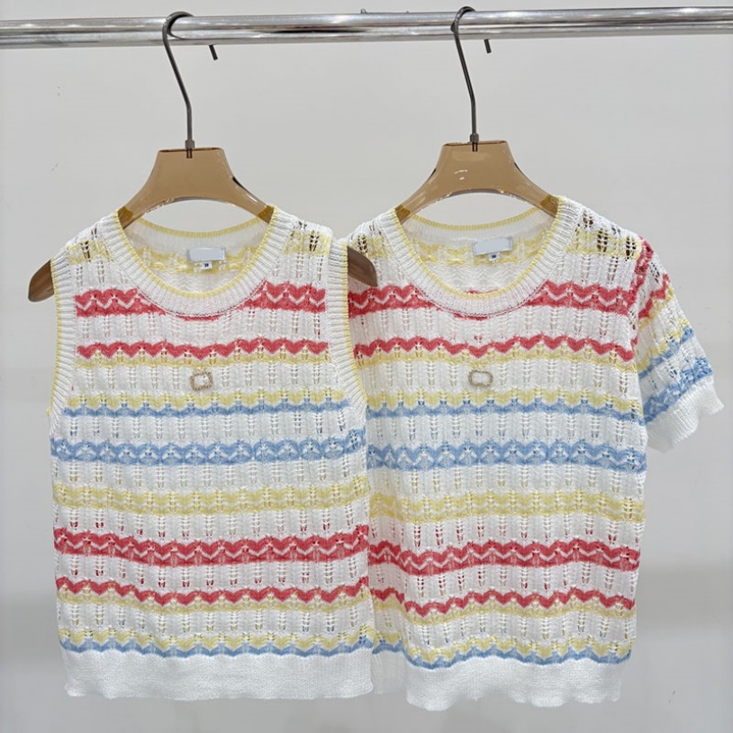 Chic Colorful Knitwear Women Stylish Striped Knitted T Shirts Tank Tops Designer Trendy Casual Hollow Knits