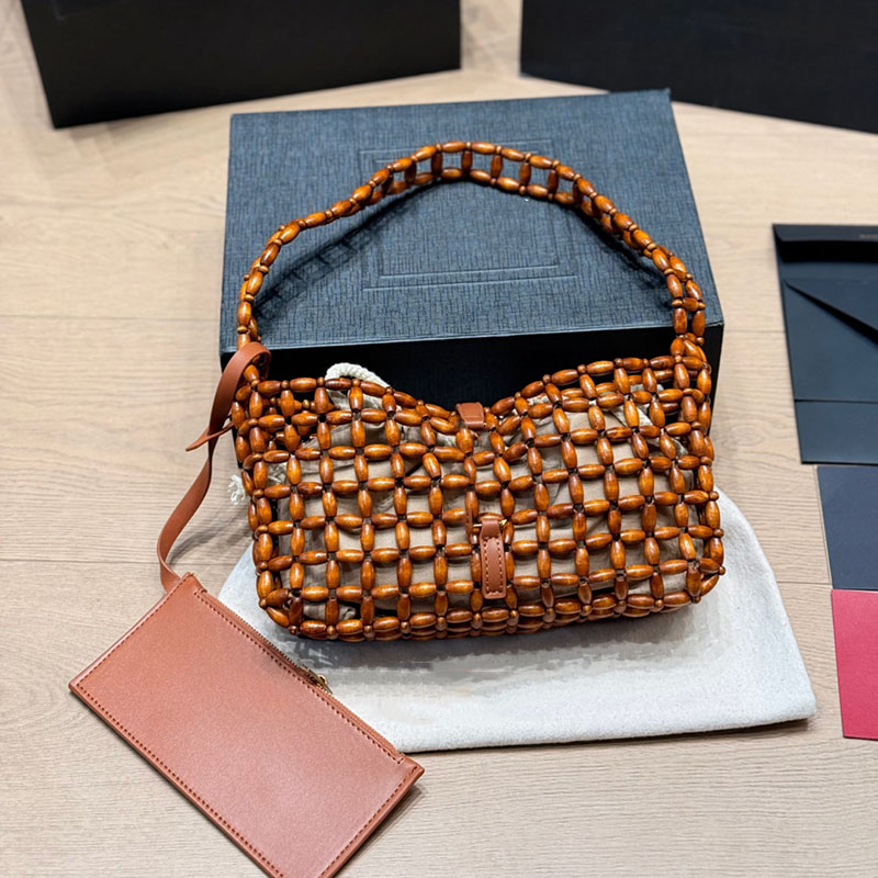 Women Designer Wooden Bead Woven Drawstring Inside Makeup Cosmetic Case Vanity Bag Underarm Shoulder Handbag Hollow Out Clutch Purse 25X15CM-image-1112148568