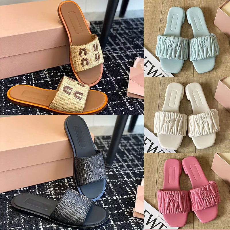 With Box Designer Womens Slippers Mm Sandals Raffia-Effect Woven Fabric Slides Summer Flats Sandal White Black Colorful Outdoor Beach Slipper Women