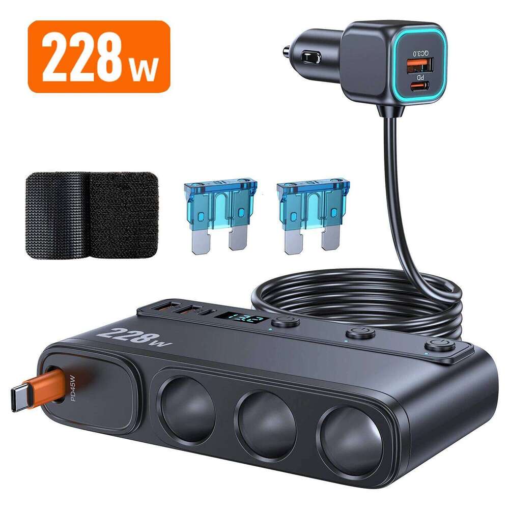 228W 9 in 1 Car Charger Adapter QC3.0 Charge Independent Switches DC Outlet PD 3 Socket Cigarette Lighter Splitter