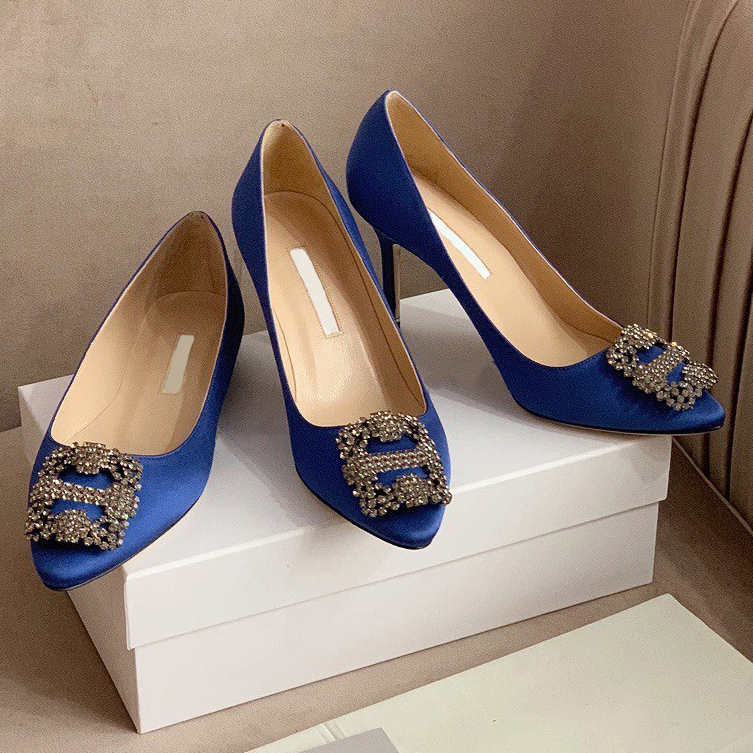 Heels Designer Heel Blue Dress Shoes Pointed Toe Brand MB Diamond kitten heels Green Pumps Sexy 7cm 9.5cm Satin Rhinestone Buckle Women Red Wedding