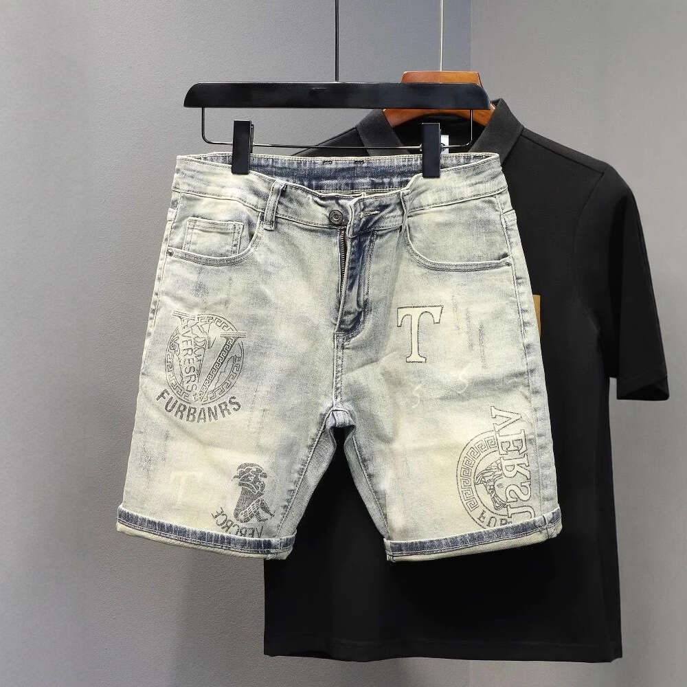 Designer 2026 Summer New Trendy Men's Denim Shorts, Luxury Washed And Distressed, Light-colored, Printed, Scratched, High Street Fashion, Mid-l