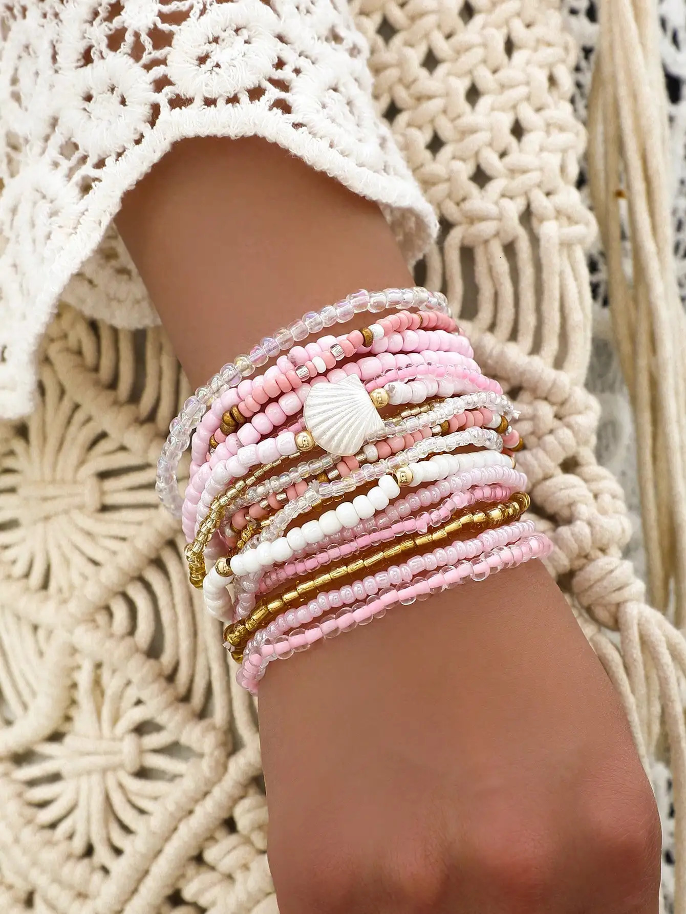 17-Piece Layered Pink Beaded Bracelet Set with Shell Charm and Gold Accents 260507