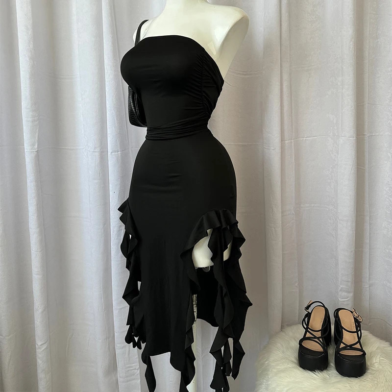2024 Summer Maxi Womens Dress Vintage Elegant black Fashion Sleeveless Slim Backless Irregular Tassel Party Dresses Street Robe 260430