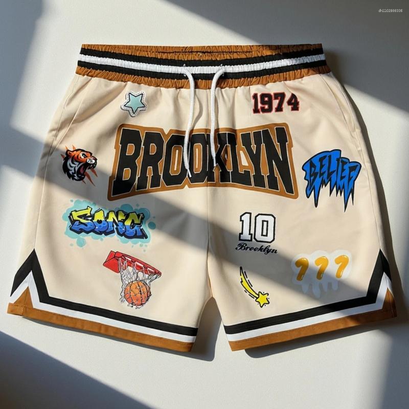 Men's Shorts Brooklyn Basketball Graffiti Patches Retro Beige Casual Streetwear Athletic Bottoms Quick-drying