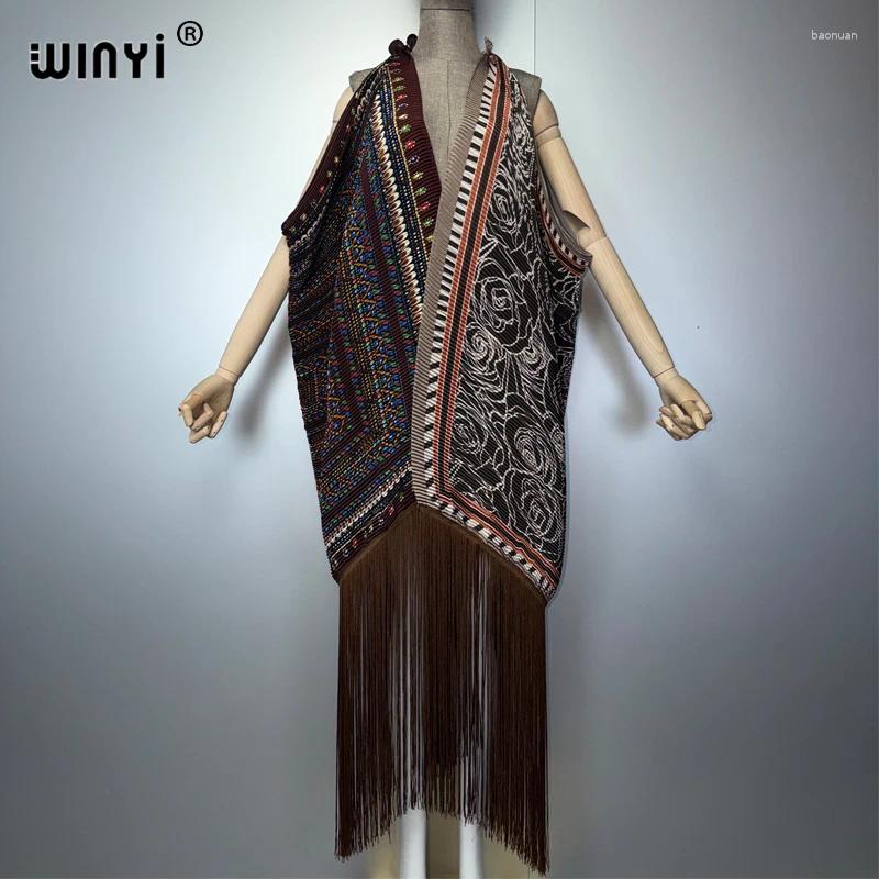 Women's Tanks WINYI Fashion Pleated Fringed Cardigan Printed Boho Dress Cover Up Caftan Luxury Beachwear Abaya Dubai ef