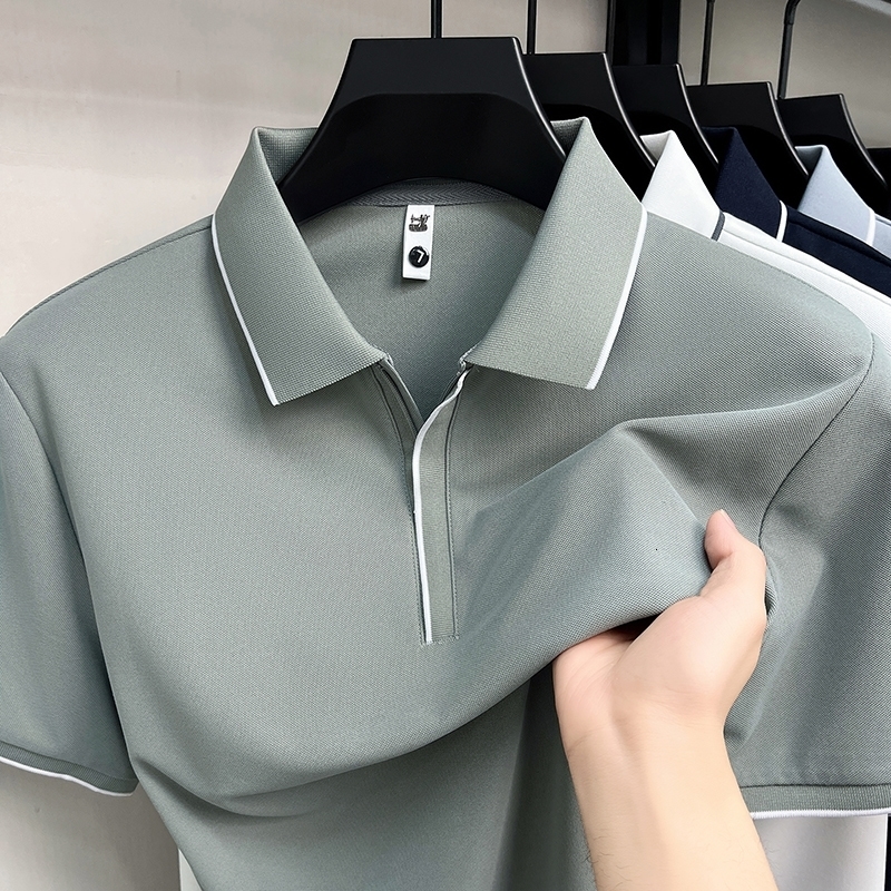 High end y ice silk short sleeve polo shirt summer solid color breathable mens Tshirt business casual fashion top y260410