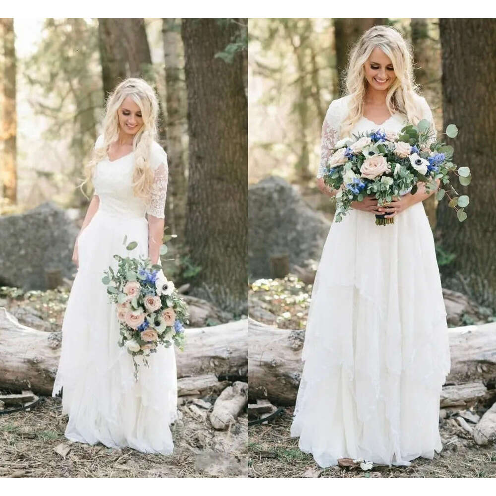 2026 Western Country Bohemian Beach A Line Wedding Dresses V Neck Lace Chiffon Half Sleeves Tiered Floor Length Plus Size Bridal Gowns
