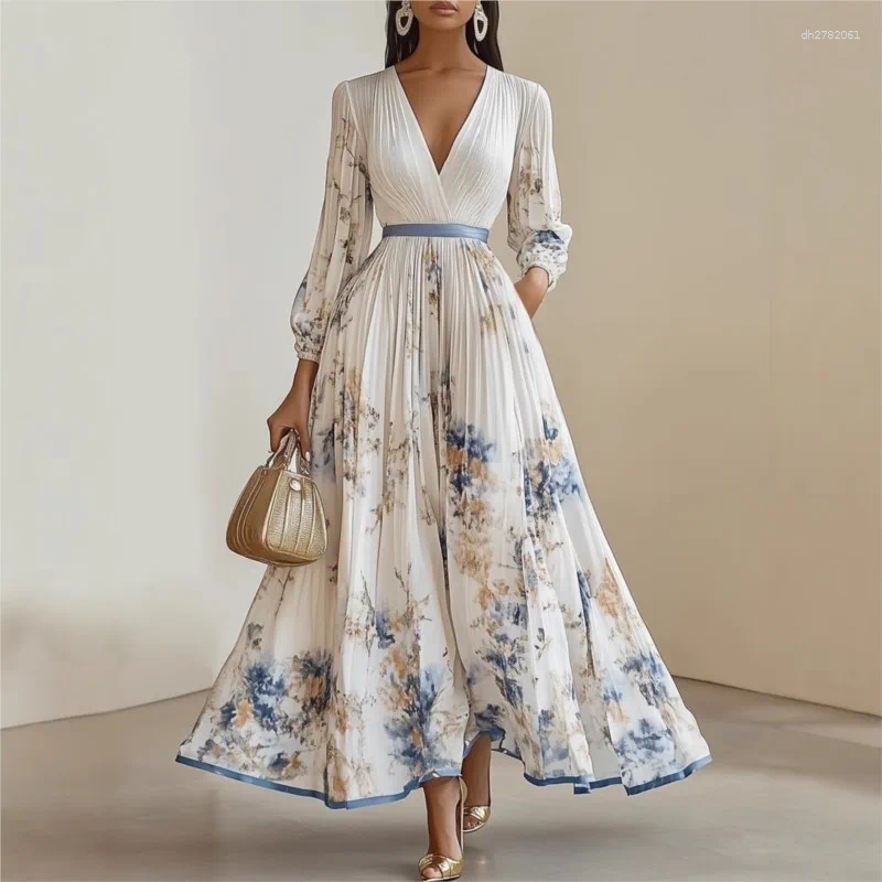 Casual Dresses Women's Pleated Dress Spring Autumn Florat Printed Deep V-neck Long-sleeved Fashion Maxi Elegant Party For Women