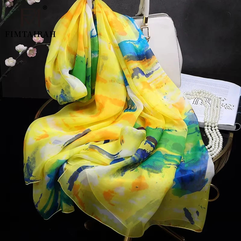 100 silk scarf ladies Yellow printed silk scarf Women fashion soft and elegant shawl long shawl spring autumn winter summer 260507BJ