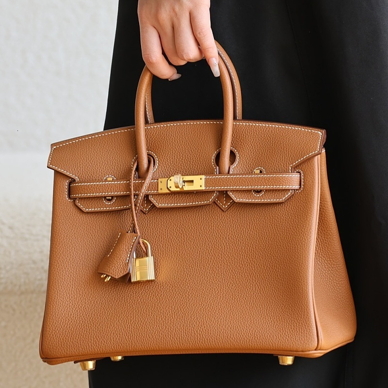 Top Designer Bag Luxury Handbag 25-30 Cm Togo Leather Handmade Birkiinss From Pure Leather Fashionable Golden Brown Color Gold And Silver Hardware A