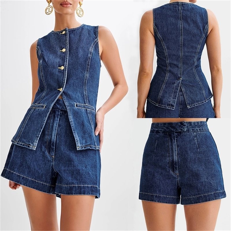 Summer Womens Denim Shorts Suit Sleeveless Oneck Single Breasted Split Top Vest High Waist Wide Leg 2024 Lady Sets y260430