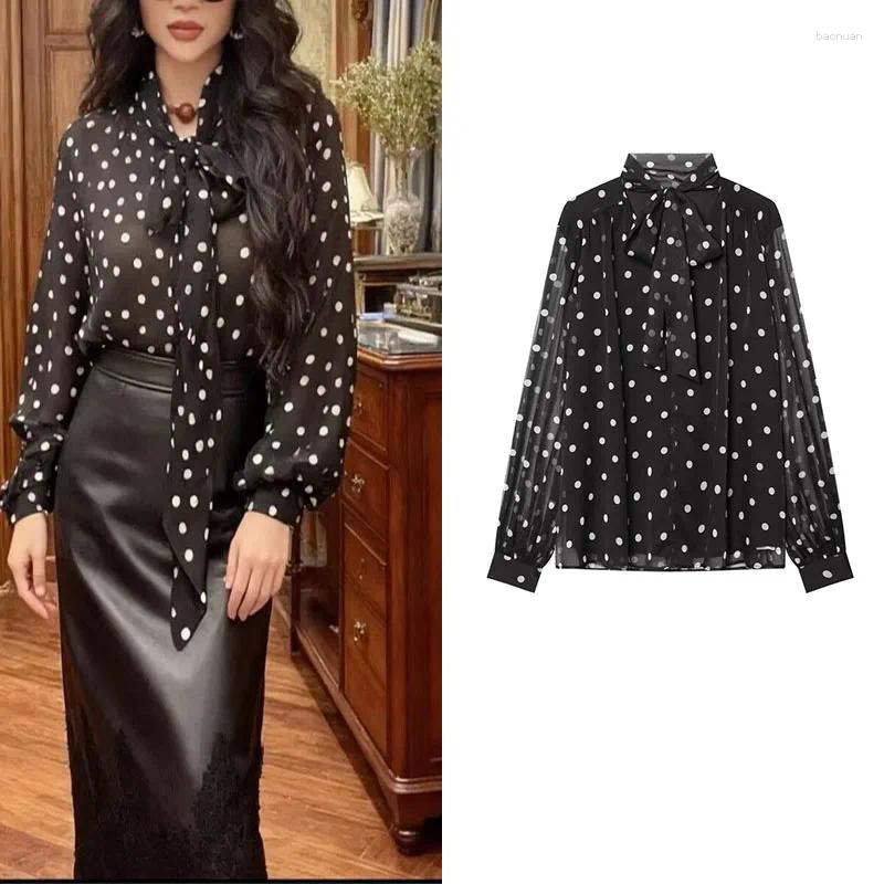 Women's Blouses 2026 Long Sleeve Top Black Casual Loose Shirt Elegant Fashionable Polka Dot 49