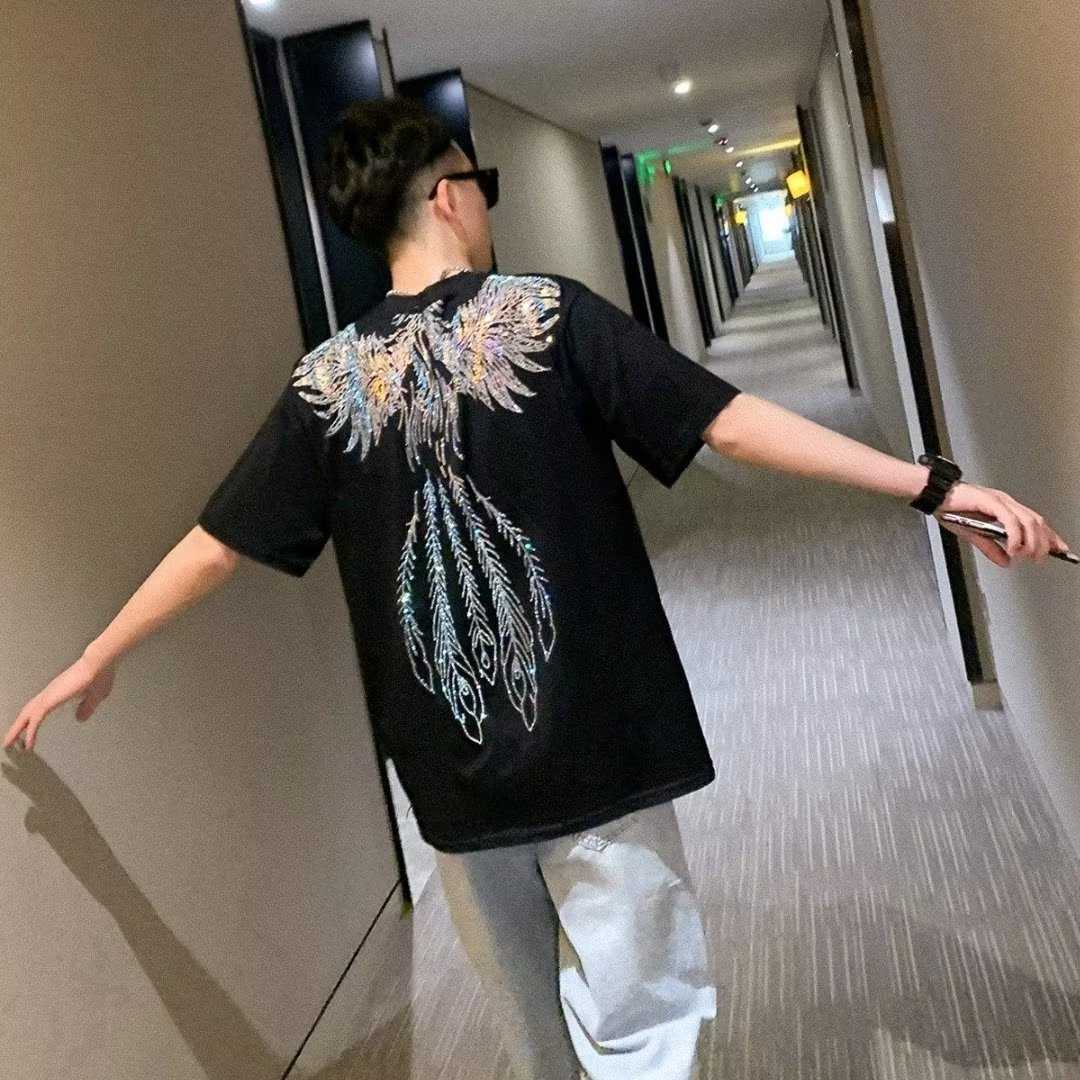 Internet Celebrity Half-Sleeve T-Shirt Trendy Brand Hot Rhinestone Phoenix Top Youthful Spirit Printed Short Sleeve Mens Ins Super Popular