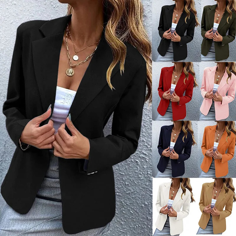Spring Womens Office Blazers Long Sleeve Solid Color One-button Simple Casual Basic White Khaki Jacket Black Coats 260507