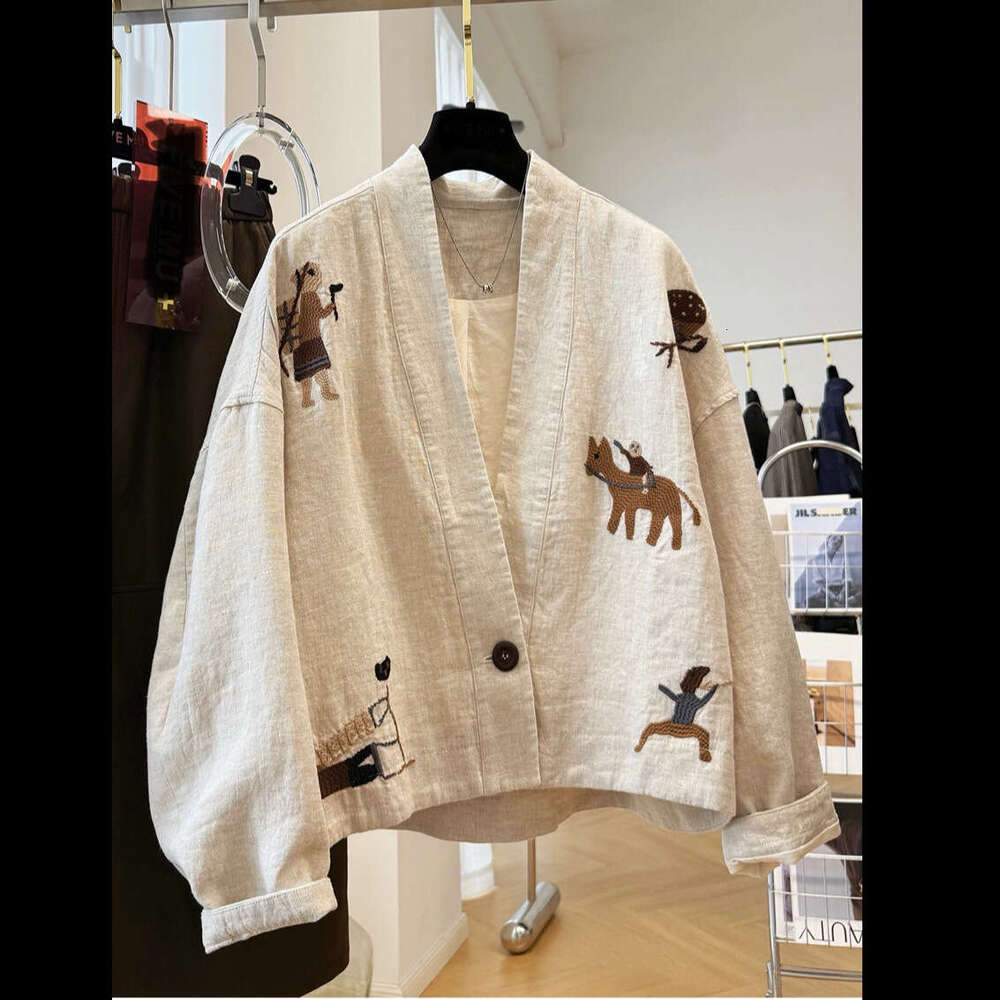 Luxury 2026 Autumn New Arrival: High-End, Exquisitely Embroidered, Unique And Chic V-Neck Vintage Cotton-Linen Short Coat For Women