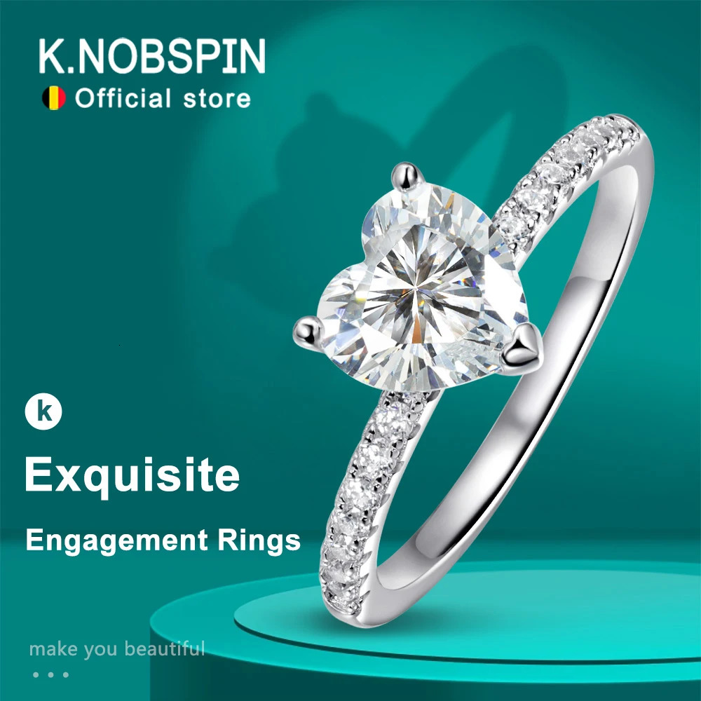 KNOBSPIN D VVS1 1-2ct Heart Engagement Ring 925 Sterling Silver Plated 18k White Gold Diamond Promise Rings for Women 260430