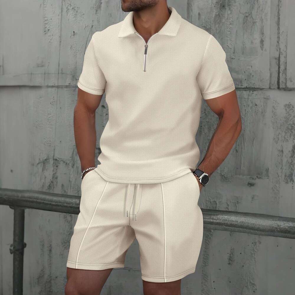 Designer 2026 Summer Men's New Waffle Zipper Luxury Solid Color Turn-down Collar Short Sleeve T-shirt Shorts Casual Set Free Shipping