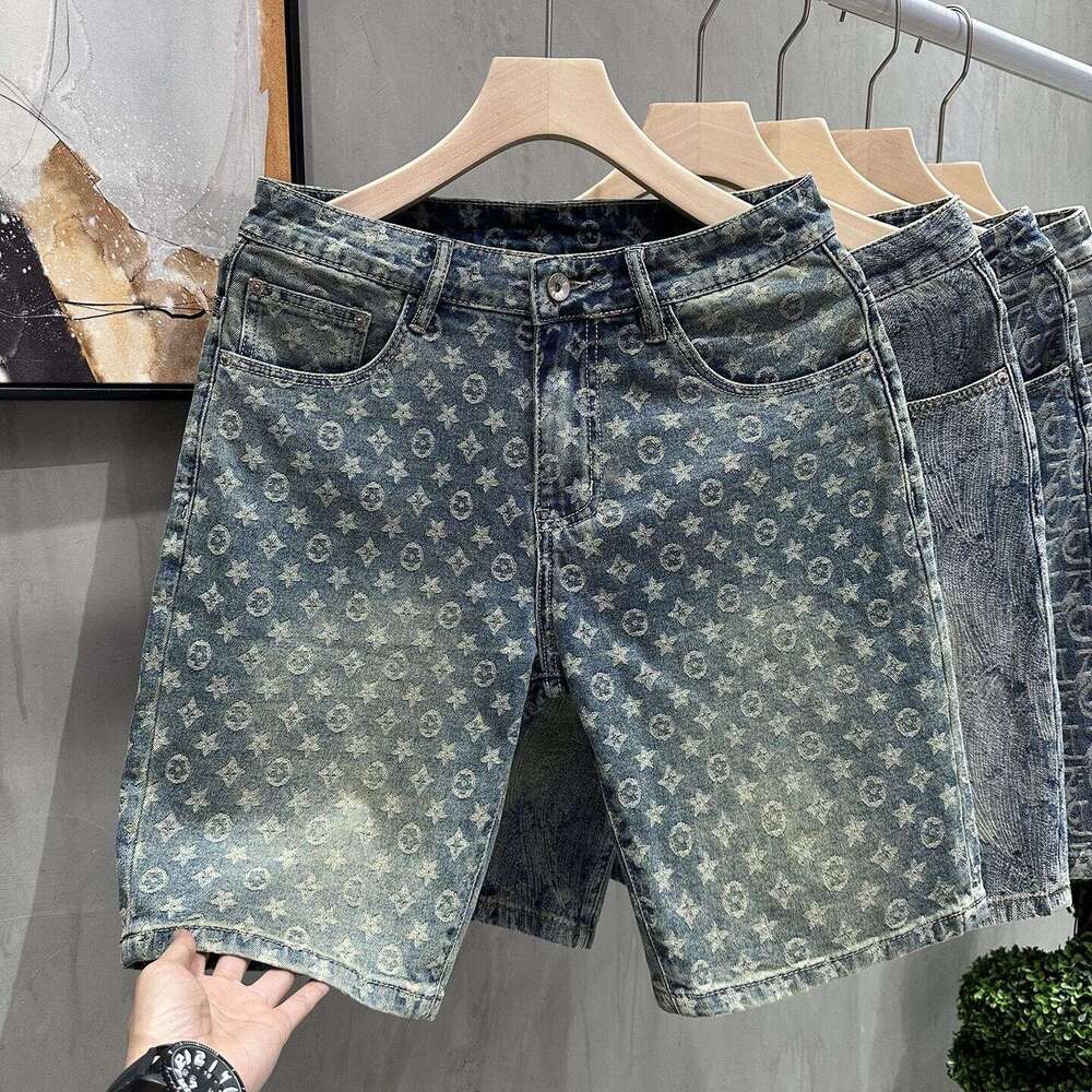 High-End Printed Denim Shorts For Men, Trendy Brand Fashion Five-Point Pants, 2026 Summer New Men's Straight Mid-Length Pants Asia Size