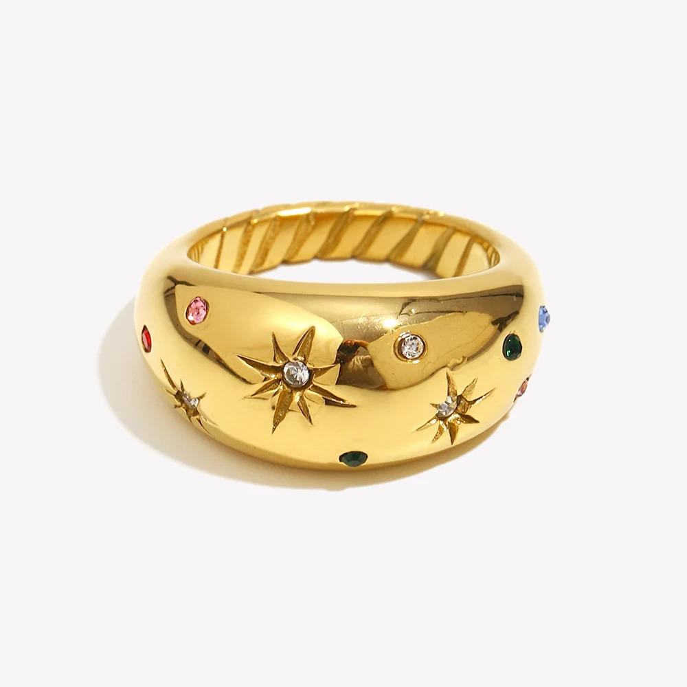 EBbelle Collection Colorful Crystal Zircon Gem Star Pattern Bold Dome Stainless Steel Rings For Women Gold Plated Ring 260506