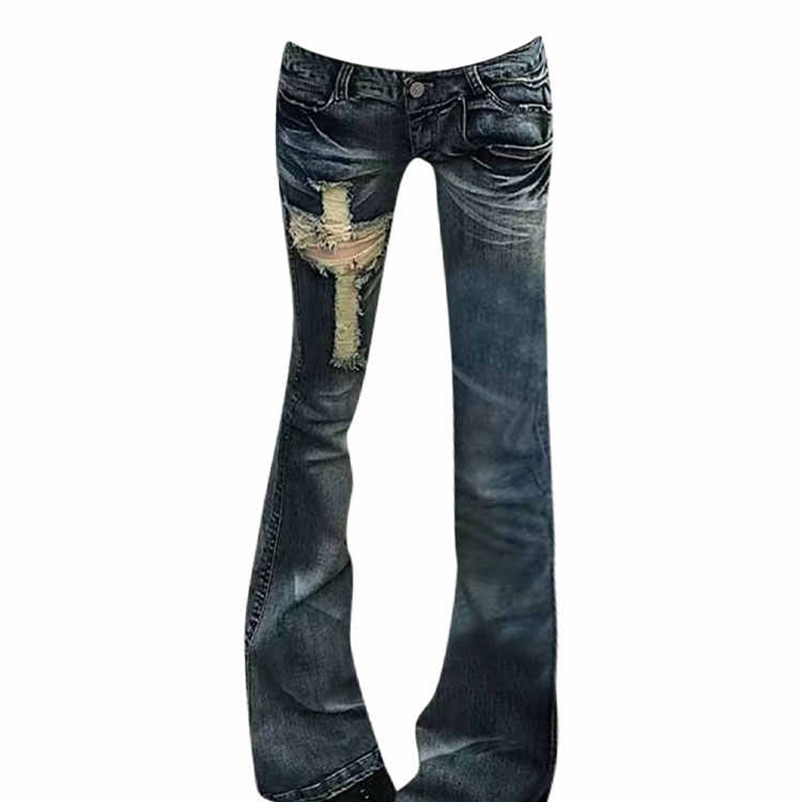 Womens Ripped Denim Pants Korean 2000s American Retro Skinny Abi Low Rise Flare Jeans Skinny Long Trousers Japanese Y2k Grunge 260430