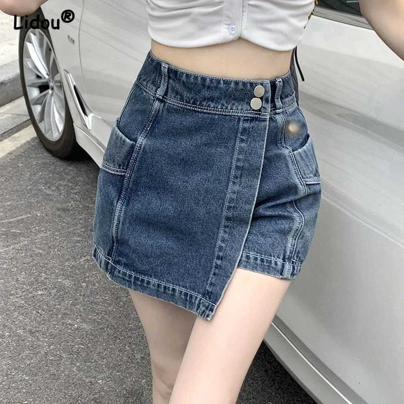 Button Pockets Patchwork Asymmetrical Zipper Solid Color Shorts Womens Clothing Fashion Loose Streetwear Summer Thin High Waist C260507