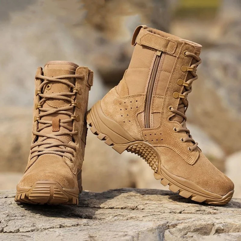 Mens Cowhide Waterproof Boots Summer Outdoor Hiking Climbing Shoes Wear-resistant Non-slip Boot Fashion Side Zip Lace-up Shoe 260507