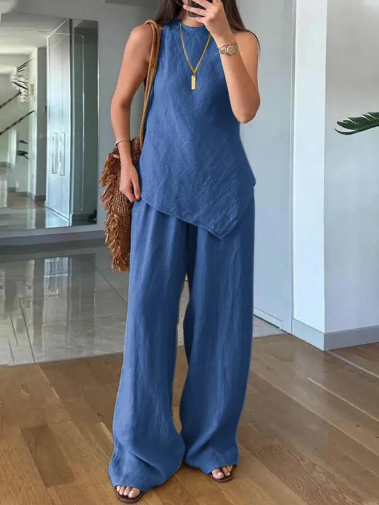 Summer Cotton Linen Loose 2 Piece Sets Womens Solid Irregular Hem Top Outfit Casual Sleeveless O-neck Top Wide Leg Pants Set 260507