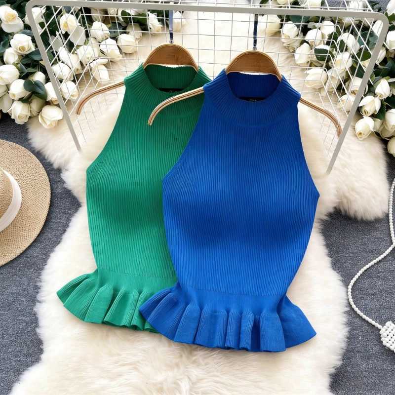 Blue Mock Neck Ruffle Hem Crop Tank Womens Clothing Sleeveless Stretchy Ribbed Knit Casual Summer Elegant Cami Top OutfitsT2600507