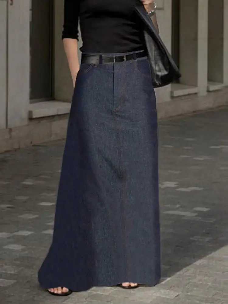 2025 New Fashion Imitation Denim H-Line High Waist Skirts Spring Summer Loose Solid Color Pockets Maxi Skirt For Women C260507