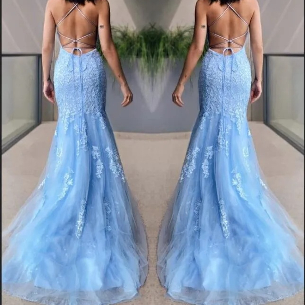 Sexy Backless Sky Blue Chiffon Lace Applique Mermaid Prom Dress Long Spaghetti Strap Women's Occasion Evening Dress