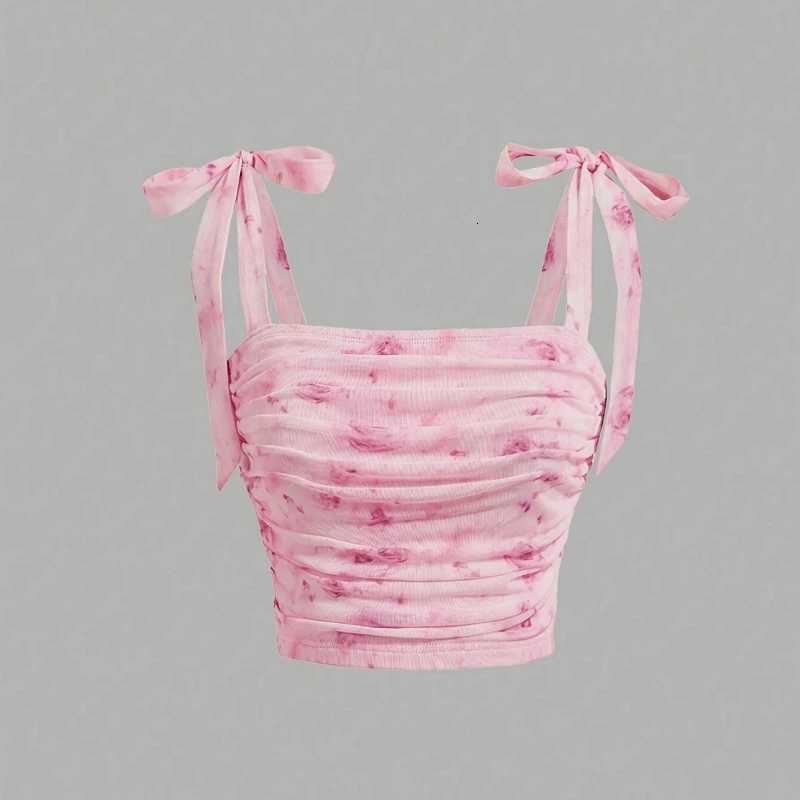Solid Tie Shoulder Ruched Wide Strap Slim Fit Crop Top for Women Summer 2025 Y2K Clothes Pink Backless Cami Top StreetwearT2600507