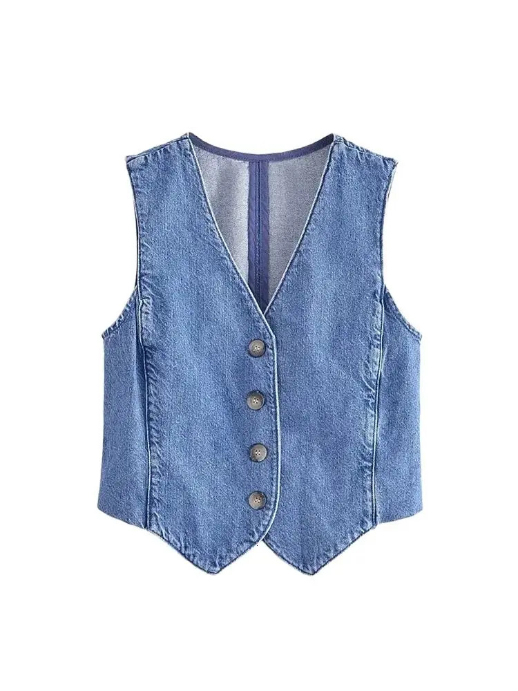 Women Fashion Front Button Denim Waistcoat Vintage V Neck Sleeveless Female Outerwear Chic Vest Tops 260430