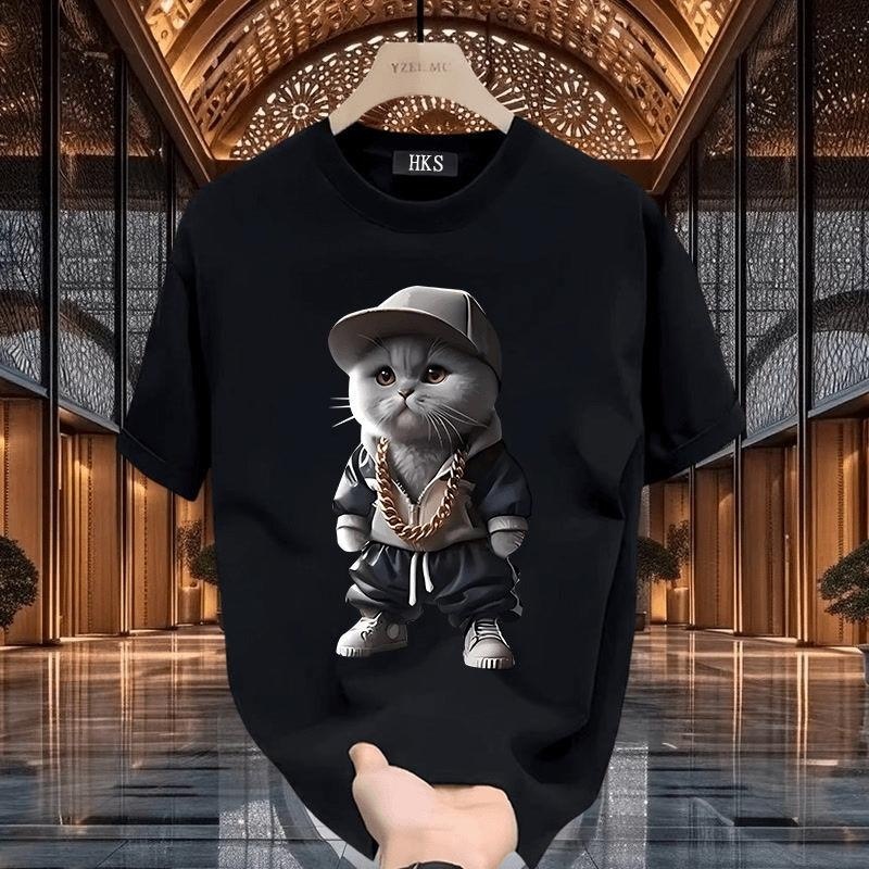 2026 Summer Designer T-shirt New Pure Cotton Heavyweight Short-sleeve Men's T-shirt With Fun Kitten Print Fashionable And Versatile Men's