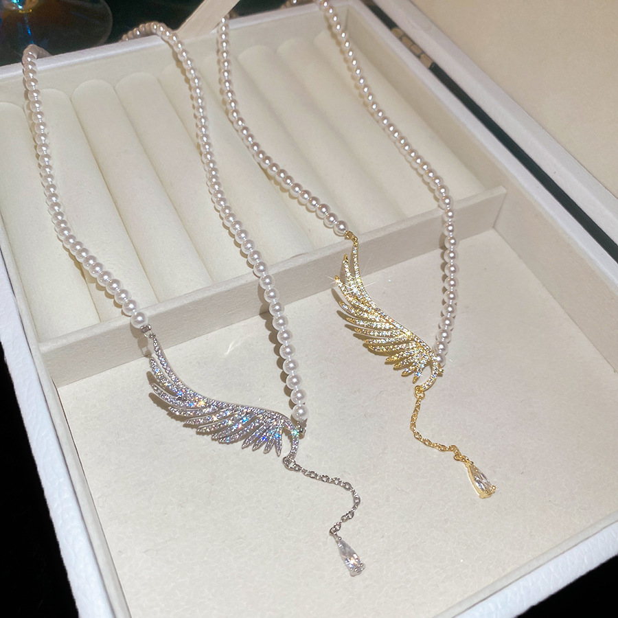 Zircon pearl beaded wing and water drop pendant necklace, new fashion versatile collarbone chain, light luxury high-end accessory-image-1104904489