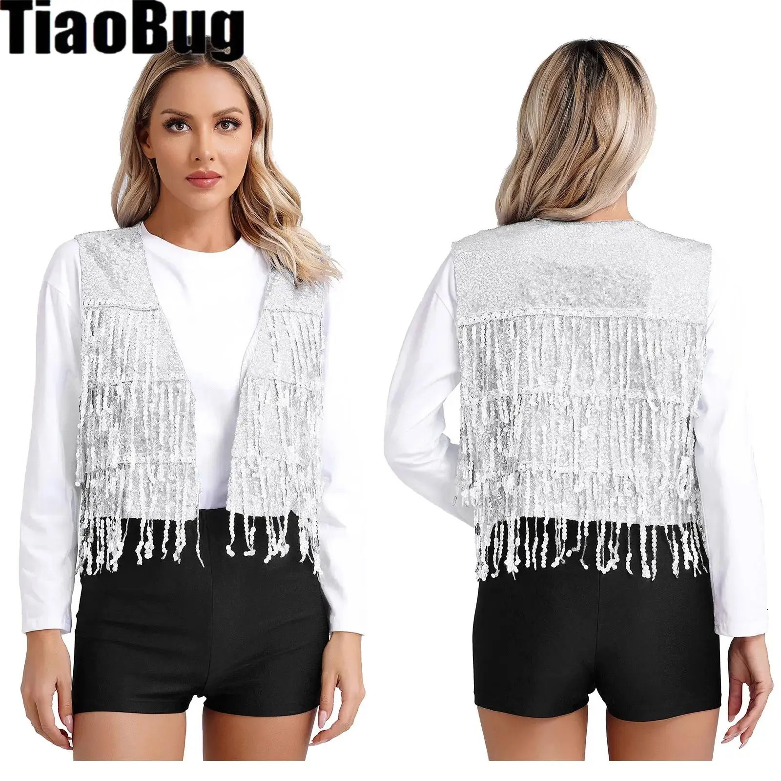 Womens Shiny Sequin Tassel Dance Vest Sleeveless Glitter Waistcoat Allover Sequin V Neck Open Front Vest for Dancing Music 260507