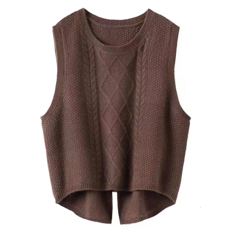 Womens 100 Pure Wool Round Neck Vest Korean Fashion Autumn And Winter Sleeveless Head Vest Loose Short Slit Knitte Sweater 260430