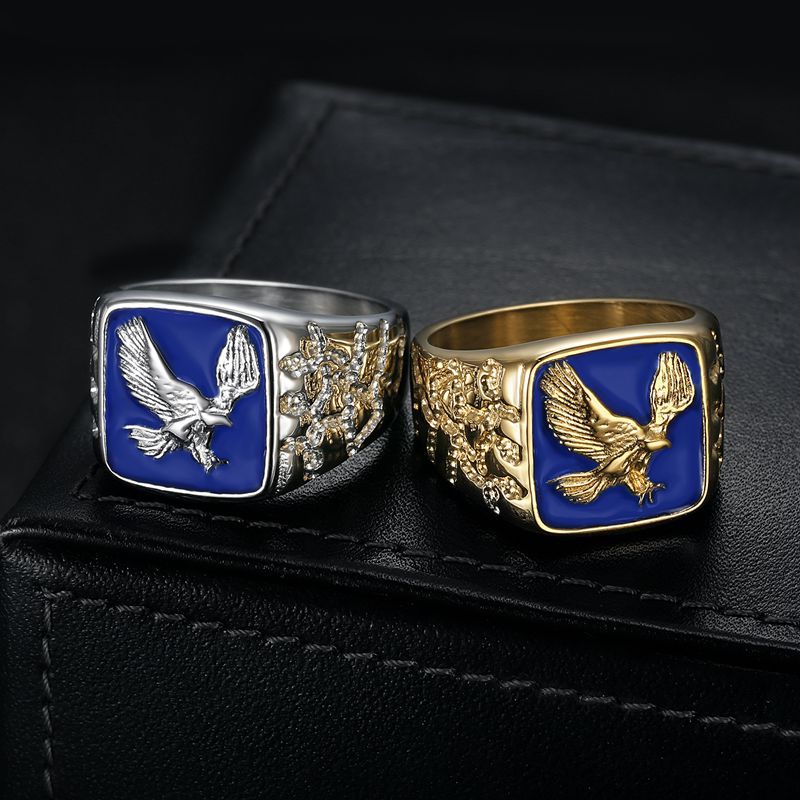 Retro Vintage Blue Drip Oil Flying Eagle Casting Ring Stainless Steel Gold Plated Mens Jewelry