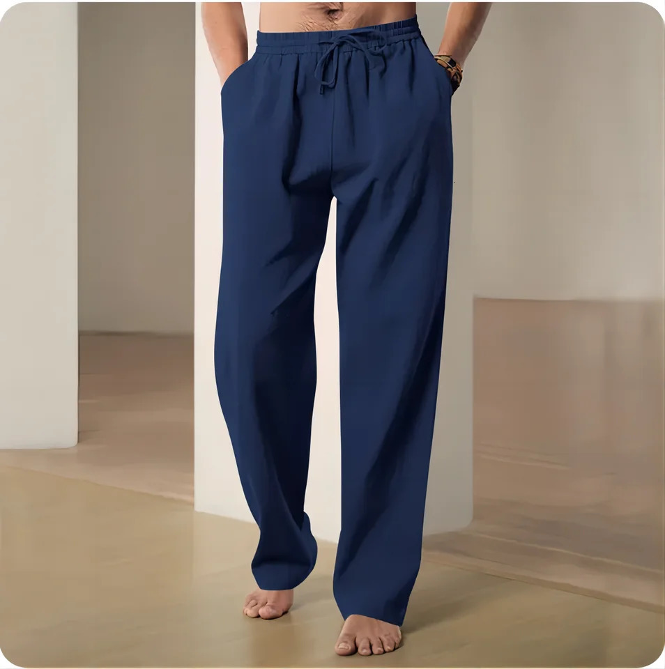 2025 Men Spring Summer Quality Trousers Mens Cotton Hemp Breathable Comfortable Casual Home Straight Pants Linen Mens Pants260424