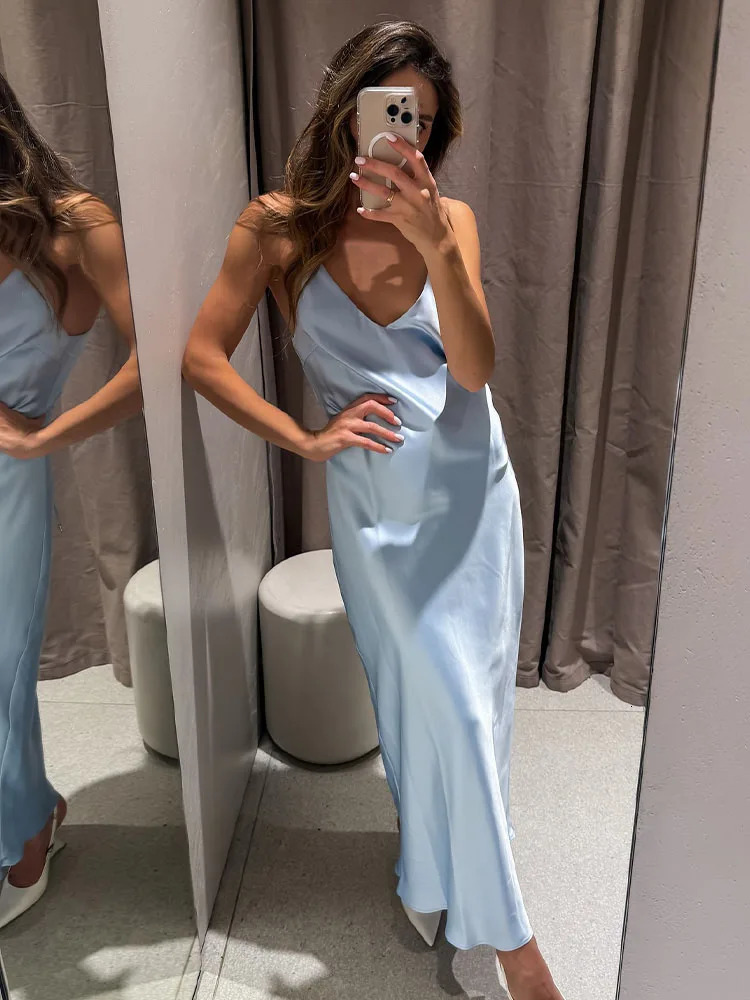 HH Womens Summer Lingerie Silk Satin Texture Midi Dress Female Elegant V-neck Sexy Sleeveless Ankle-length Dress Mujer 260506