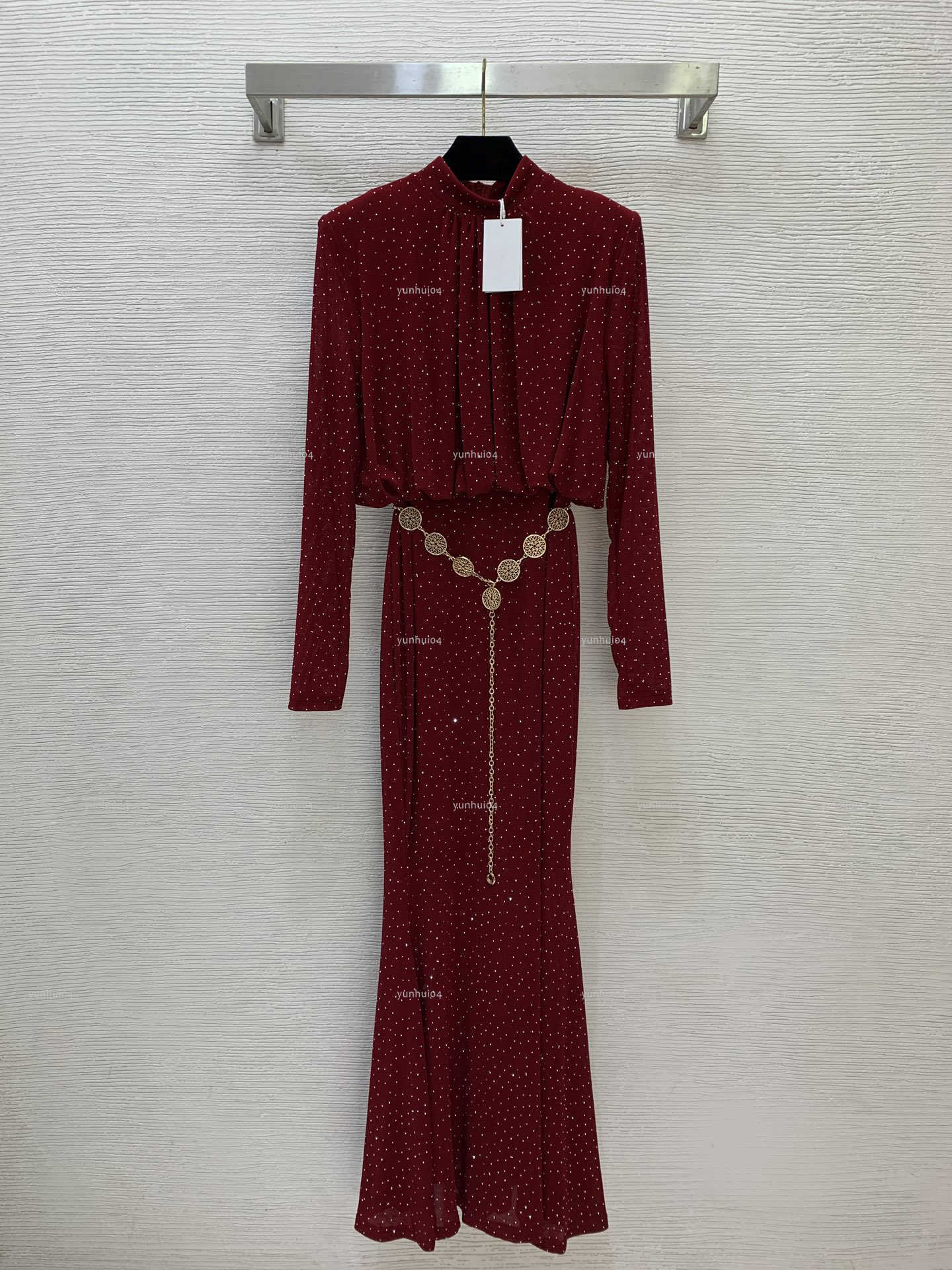 Popular Stand collar women dress Summer lady dresses women designer clothes skirt long sleeved dress+complimentary gold waist chain A001X01N099-image-1104983583