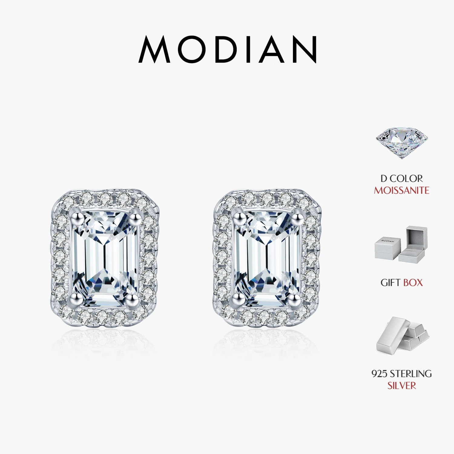 MODIAN Emerald Cut Ear Studs 925 Sterling Silver Classic y Halo Earrings For Women Wedding Fine Jewelry Gift 260430
