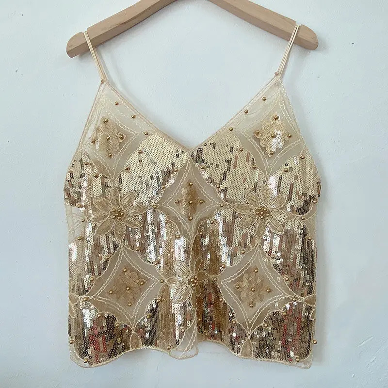 Womens V-neck Sleeveless Tank Top Sexy Slim Top Summer Heavy Industrial Sequin Studded Sequins Short Loose Camisole Top 260507