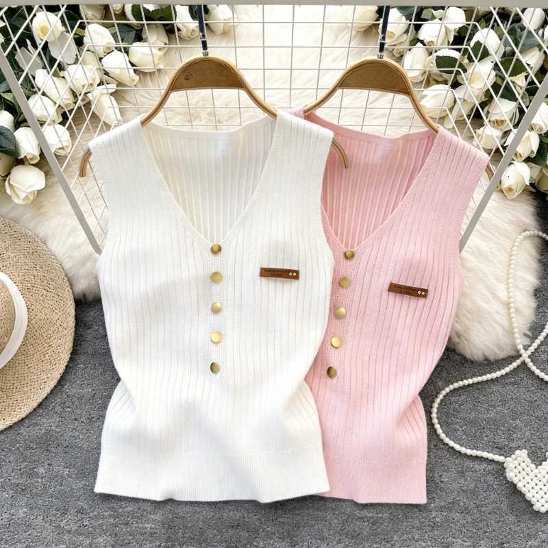 Womens Vest Pink Sleeveless V Neck Gold Button Detail Stretchy Ribbed Knit Crop Tank Top Casual Summer Elegant Cami TopT2600507