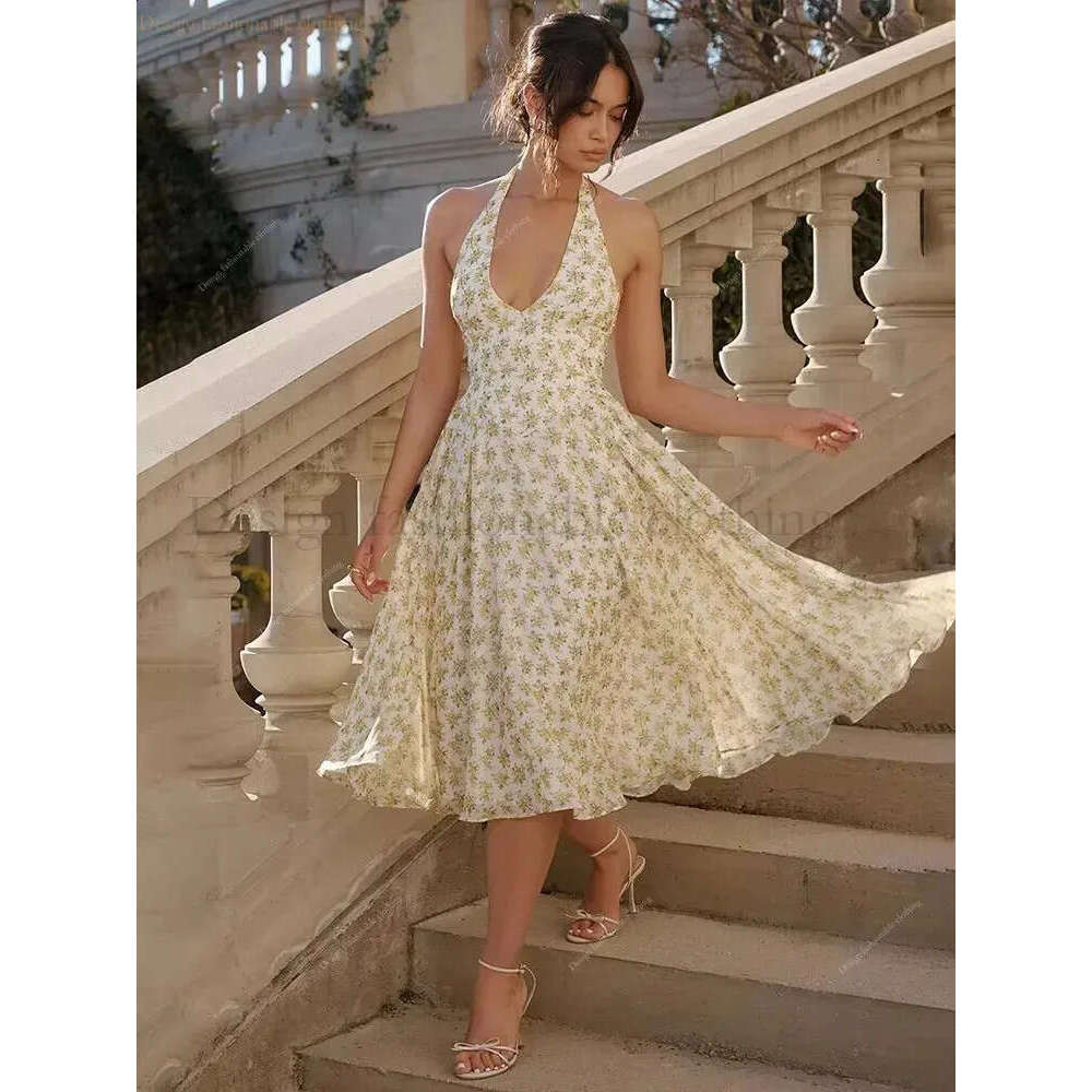 House Of Cb Dress New Fashion Designer Luxury Brand Townlike Waist Wrap Print Aline Midi Long Dres Spaghetti Strap 2025 Spring Summer Dress Backless