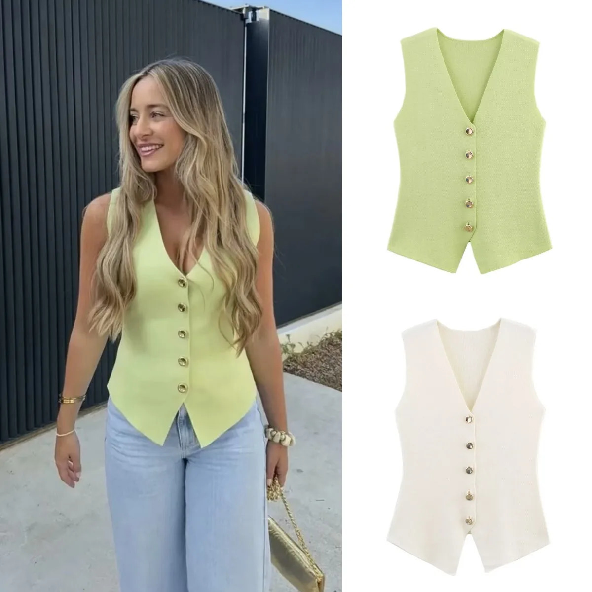 ETJ womens elegant fashion all-match V-neck sleeveless vest jacket knitted waistcoat 260507